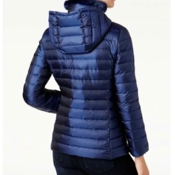 Cole Haan Down Quilted Puffer Hooded Jacket Faux Fur Trim Iridescent Blue Sz XS - Picture 12 of 16